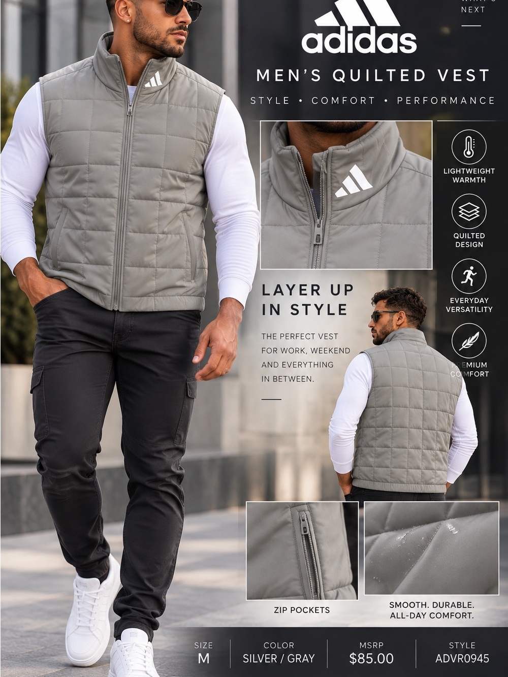 adidas Men Quilted Vest in Silver Gray size medium